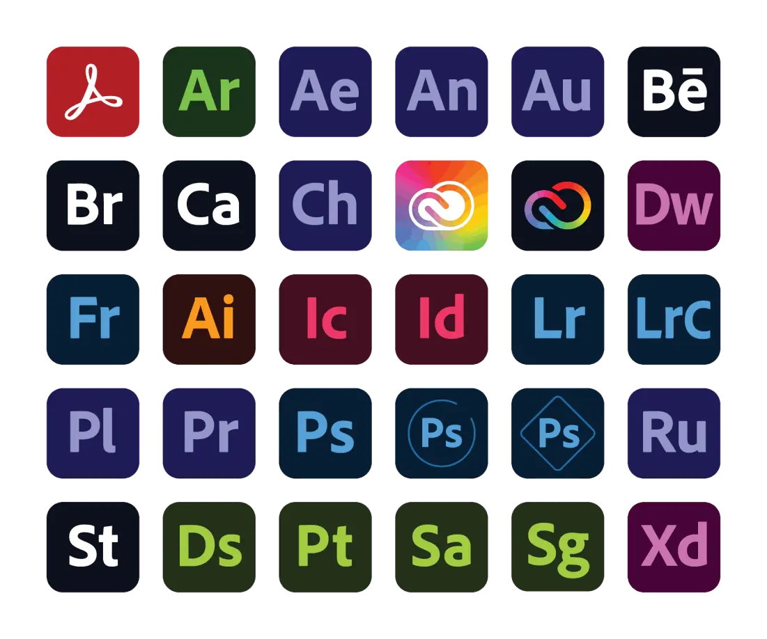 Acrobat, After Effects, Animate, Audition, Bridge, Character Animator, Dimension, Dreamweaver 2021, Fresco, Illustrator, InCopy, InDesign, Lightroom Classic, Media Encoder, Photoshop, Premiere Pro, Premiere Rush, Substance 3D Designer, 3D Modeler, 3D Painter, 3D Sampler, Substance 3D Stager e Adobe XD